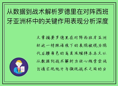 从数据到战术解析罗德里在对阵西班牙亚洲杯中的关键作用表现分析深度 从数据到战术解析罗德里在对阵西班牙亚洲杯中的关键作用表现分析深度